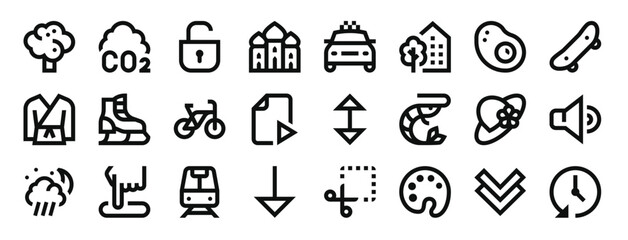 set of 24 outline web miscellaneous icons such as broccoli, co, open padlock, mosque, taxi, building, fried egg vector icons for report, presentation, diagram, web design, mobile app