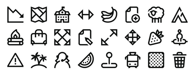 set of 24 outline web miscellaneous icons such as loss, map, school, double arrow, banana, add file, sheep vector icons for report, presentation, diagram, web design, mobile app