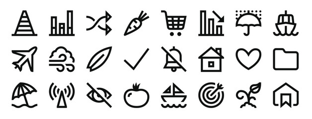 set of 24 outline web miscellaneous icons such as cone, bar chart, shuffle, carrot, shopping cart, loss, umbrella vector icons for report, presentation, diagram, web design, mobile app