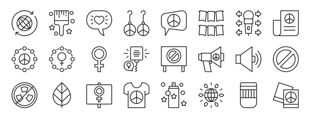 set of 24 outline web activist icons such as globe, paintbrush, love, earrings, peace, garlands, microphone vector icons for report, presentation, diagram, web design, mobile app