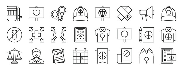 set of 24 outline web activist icons such as riot, love, handcuffs, cap, , scarf, megaphone vector icons for report, presentation, diagram, web design, mobile app