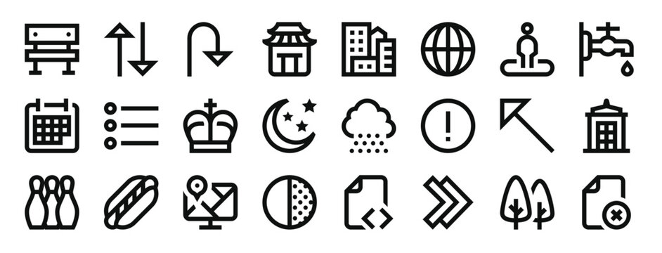 set of 24 outline web miscellaneous icons such as bench, sort, u turn, pagoda, city, worldwide, position vector icons for report, presentation, diagram, web design, mobile app