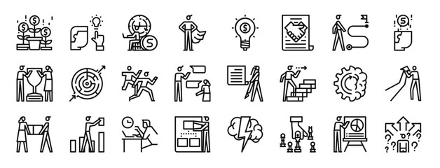 set of 24 outline web business strategy icons such as growth, creative, business, boss, light, handshake, goal vector icons for report, presentation, diagram, web design, mobile app
