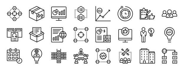 set of 24 outline web agile icons such as target, package, analytics, menu, line chart, wall clock, clipboard vector icons for report, presentation, diagram, web design, mobile app