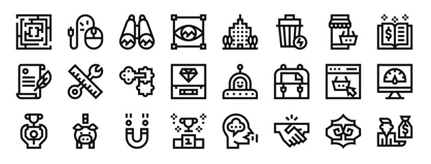 set of 24 outline web startup icons such as maze, pay per click, binoculars, vision, office, trash, ecommerce vector icons for report, presentation, diagram, web design, mobile app