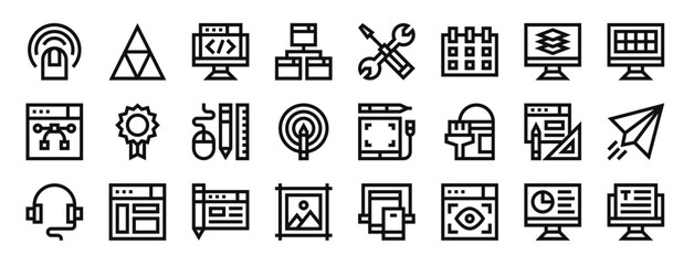 set of 24 outline web web design icons such as tap, pyramid, html, computing, tools and utensils, schedule, layers vector icons for report, presentation, diagram, web design, mobile app