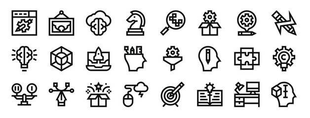 set of 24 outline web design thinking icons such as prototype, image, cloud, strategy, research, de, tings vector icons for report, presentation, diagram, web design, mobile app