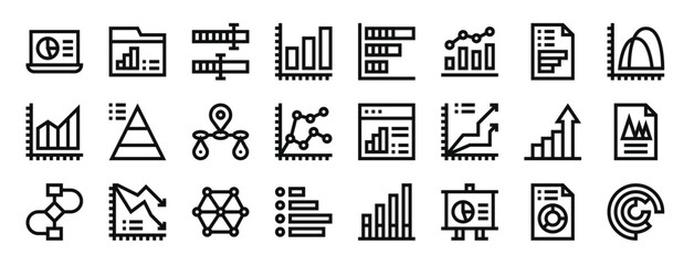 set of 24 outline web analytics icons such as laptop, files and folders, bar chart, bar chart, bar chart, analytics, analytics vector icons for report, presentation, diagram, web design, mobile app