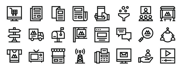 set of 24 outline web advertising icons such as online shopping, content, brochure, newspaper, advertising, funnel, videocall vector icons for report, presentation, diagram, web design, mobile app