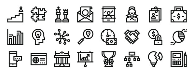 set of 24 outline web business administration icons such as stairs, puzzle, strategy, document, ticket window, businesswoman, paperclip vector icons for report, presentation, diagram, web design,