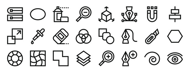set of 24 outline web editing tools icons such as stroke, ellipse, paint, zoom out, cube, , magnet vector icons for report, presentation, diagram, web design, mobile app