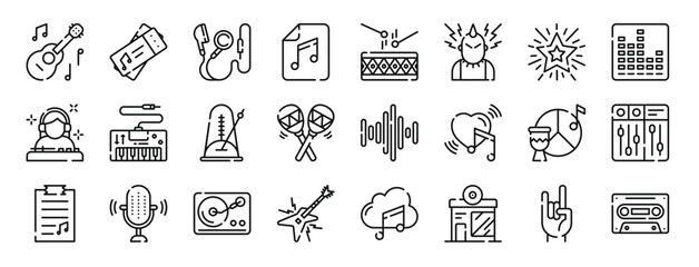 set of 24 outline web music icons such as ukelele, concert, headphones, music file, drum, punk, star vector icons for report, presentation, diagram, web design, mobile app