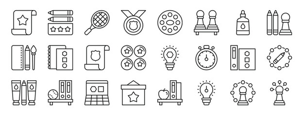 Fototapeta na wymiar set of 24 outline web education icons such as scroll, pencil case, tennis racket, medal, paint palette, chess, glue vector icons for report, presentation, diagram, web design, mobile app