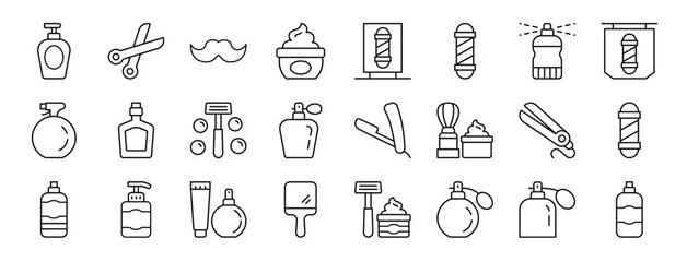 set of 24 outline web barber shop icons such as gel, scissors, moustache, gel, barber pole, barber pole, hair spray vector icons for report, presentation, diagram, web design, mobile app
