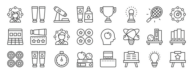 set of 24 outline web education icons such as student, paint tube, microscope, ink bottle, trophy, pawn, tennis racket vector icons for report, presentation, diagram, web design, mobile app
