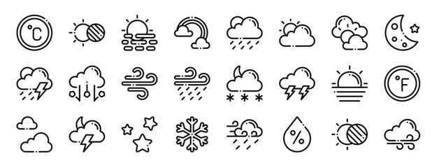 set of 24 outline web weather icons such as temperature, eclipse, haze, rainbow, slight rain, cloudy day, cloudy day vector icons for report, presentation, diagram, web design, mobile app