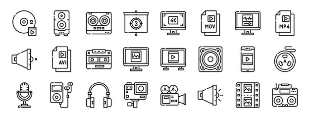 set of 24 outline web audio and video icons such as cd, speaker, recording, countdown, k, mov, computer vector icons for report, presentation, diagram, web design, mobile app
