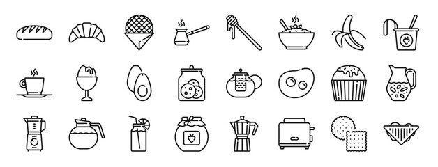 set of 24 outline web breakfast icons such as bread, croissant, wafer, cezve, honey, porridge, banana vector icons for report, presentation, diagram, web design, mobile app
