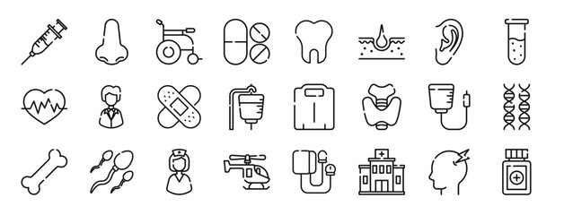 set of 24 outline web medical icons such as injection, e, wheelchair, capsules, tooth, skin, ear vector icons for report, presentation, diagram, web design, mobile app