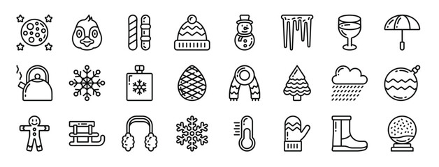 set of 24 outline web winter icons such as night, penguin, snowboard, winter hat, snowman, icicles, wine vector icons for report, presentation, diagram, web design, mobile app