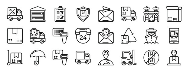 Fototapeta na wymiar set of 24 outline web shipping and delivery icons such as delivery truck, warehouse, checklist, shield, email, delivery truck, drone vector icons for report, presentation, diagram, web design,