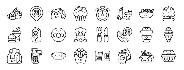 set of 24 outline web take away icons such as sushi, map point, taco, muffin, chronometer, motorcycle, takoyaki vector icons for report, presentation, diagram, web design, mobile app