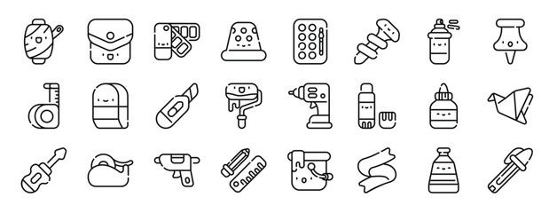set of 24 outline web handcrafts icons such as thread, pocket, pantone, thimble, watercolor, screw, spray paint vector icons for report, presentation, diagram, web design, mobile app