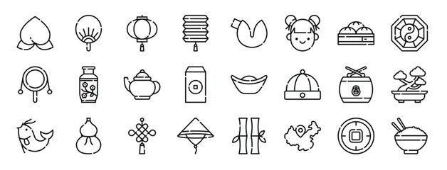 set of 24 outline web china icons such as plum, fan, lantern, lantern, fortune cookie, girl, buns vector icons for report, presentation, diagram, web design, mobile app