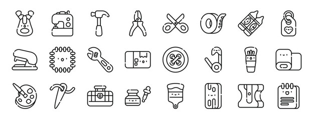 set of 24 outline web handcrafts icons such as zip, sewing hine, hammer, pliers, scissors, measuring tape, crayons vector icons for report, presentation, diagram, web design, mobile app
