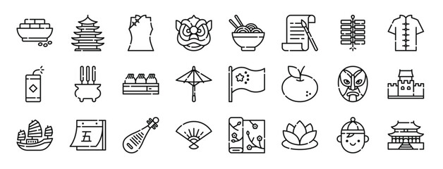 set of 24 outline web china icons such as tofu, temple, shirt, dragon, noodles, calligraphy, firecrackers vector icons for report, presentation, diagram, web design, mobile app