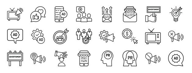 set of 24 outline web ads icons such as tv, like, ads, as, email, sale, ad vector icons for report, presentation, diagram, web design, mobile app
