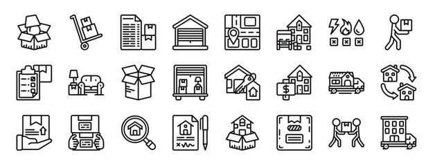 set of 24 outline web removals icons such as packing, trolley, checklist, garage, street map, moving, utilities vector icons for report, presentation, diagram, web design, mobile app
