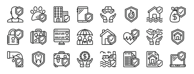 set of 24 outline web insurance icons such as user, pet insurance, building, smartphone, car insurance, fire, flood vector icons for report, presentation, diagram, web design, mobile app