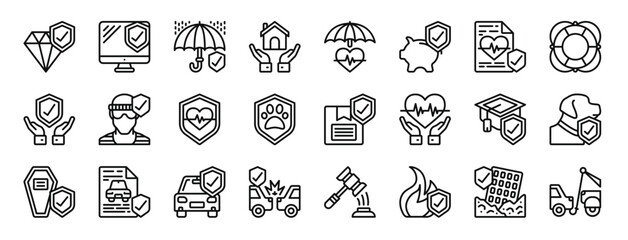set of 24 outline web insurance icons such as diamond, antivirus, umbrella, home insurance, life insurance, savings, life vector icons for report, presentation, diagram, web design, mobile app