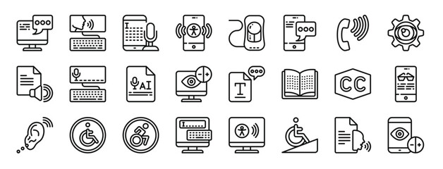 set of 24 outline web accessibility icons such as monitor, speech, audio, smartphone, mouse, smartphone, phone call vector icons for report, presentation, diagram, web design, mobile app