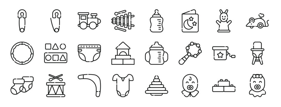 set of 24 outline web baby toys icons such as pin, pin, train, xylophone, bottle, story, hand puppet vector icons for report, presentation, diagram, web design, mobile app