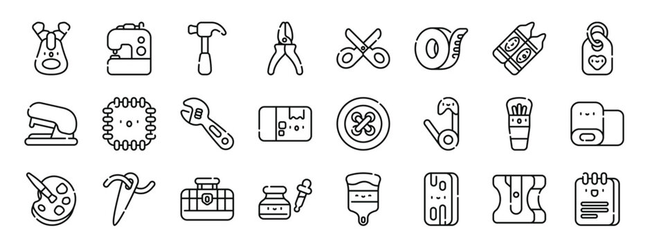 set of 24 outline web handcrafts icons such as zip, sewing hine, hammer, pliers, scissors, measuring tape, crayons vector icons for report, presentation, diagram, web design, mobile app