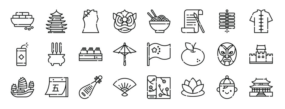 set of 24 outline web china icons such as tofu, temple, shirt, dragon, noodles, calligraphy, firecrackers vector icons for report, presentation, diagram, web design, mobile app