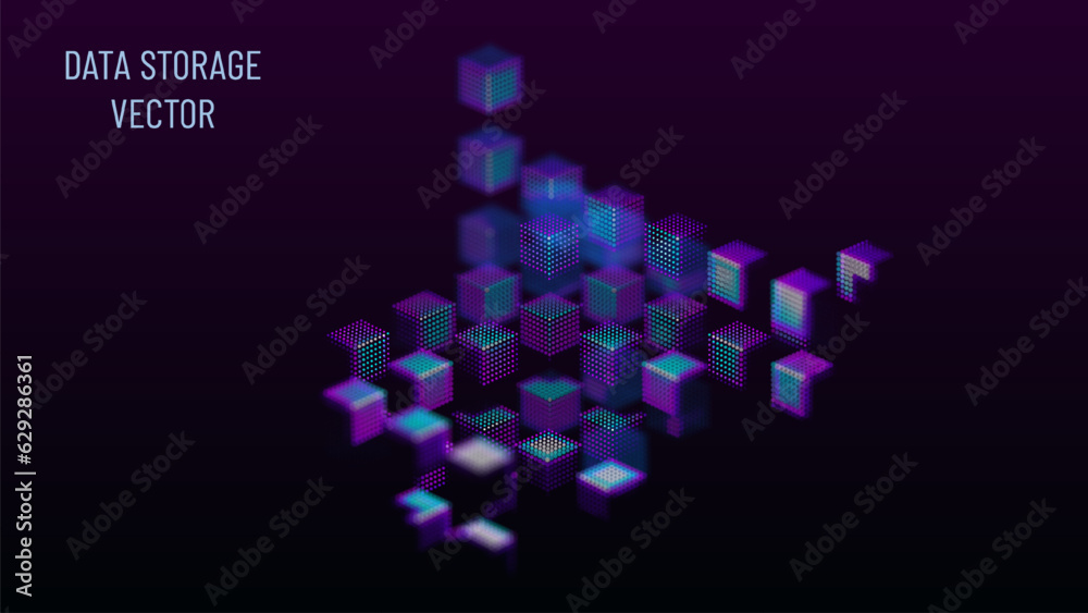 Wall mural data warehouse visualization. glowing cubes from dots illuminated by cold light. realistic shadows. 