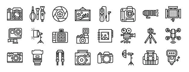 Fototapeta na wymiar set of 24 outline web photo icons such as camera, brushes, aperture, frame, timer, camera, len vector icons for report, presentation, diagram, web design, mobile app