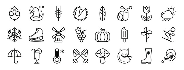 Obraz premium set of 24 outline web seasons icons such as pine cone, witch hat, wheat, chestnut, suroard, snail, tulip vector icons for report, presentation, diagram, web design, mobile app