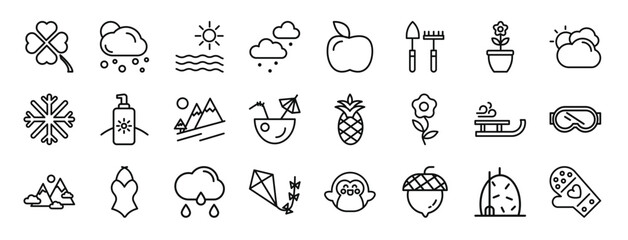 set of 24 outline web seasons icons such as clover, snow, sun, snowing, , tools, flower vector icons for report, presentation, diagram, web design, mobile app