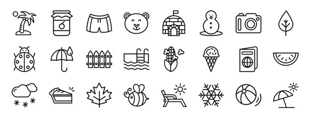 set of 24 outline web seasons icons such as palm tree, jam, swimsuit, polar bear, igloo, snowman, photo camera vector icons for report, presentation, diagram, web design, mobile app