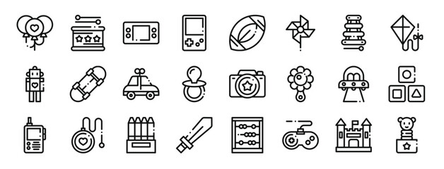set of 24 outline web children toys icons such as balloon, drums, game console, , rugby ball, pinwheel, xylophone vector icons for report, presentation, diagram, web design, mobile app