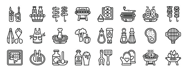 Fototapeta na wymiar set of 24 outline web and grill icons such as lighter, dairy products, mushrooms, portable grill, sauce, electric grill, rotisserie vector icons for report, presentation, diagram, web design, mobile