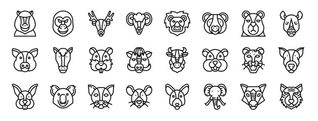set of 24 outline web animal head icons such as baboon, gorilla, deer, sheep, lion, panda bear, bear vector icons for report, presentation, diagram, web design, mobile app