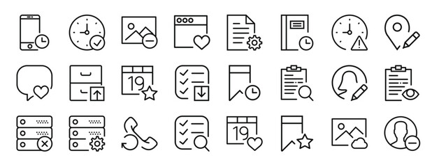 set of 24 outline web interaction set icons such as smartphone, stopwatch, image, browser, file, notebook, stopwatch vector icons for report, presentation, diagram, web design, mobile app