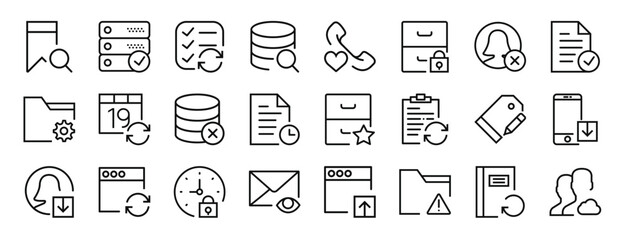 set of 24 outline web interaction set icons such as bookmark, server, list, database, phone call, archive, user vector icons for report, presentation, diagram, web design, mobile app