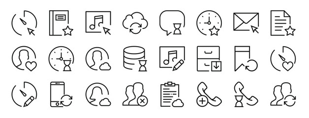 set of 24 outline web interaction set icons such as stopwatch, notebook, music player, cloud computing, speech bubble, stopwatch, mail vector icons for report, presentation, diagram, web design,