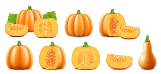 Set of fresh whole, half and sliced pumpkins isolated on white background. Traditional autumn vegetables, harvest. Vegetarian food. Thanksgiving design. Farmers market. Realistic 3d vector